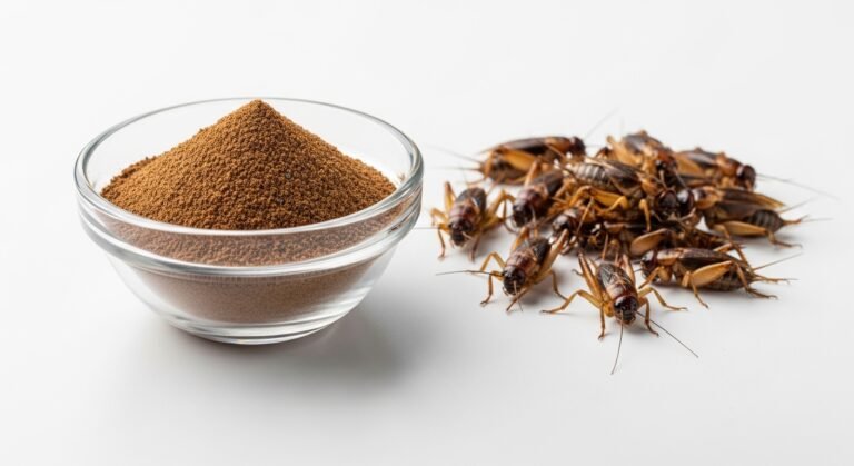 Fine dark-brown acheta cricket powder in a glass bowl next to whole dried house crickets on a white surface
