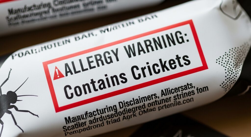 Allergy warning label reading Contains crickets on a protein bar package closeup