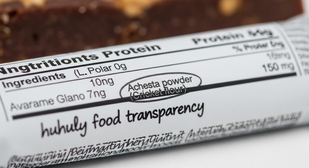 Cricket flour labeled as Acheta powder on a protein bar ingredient list — huhuly food transparency