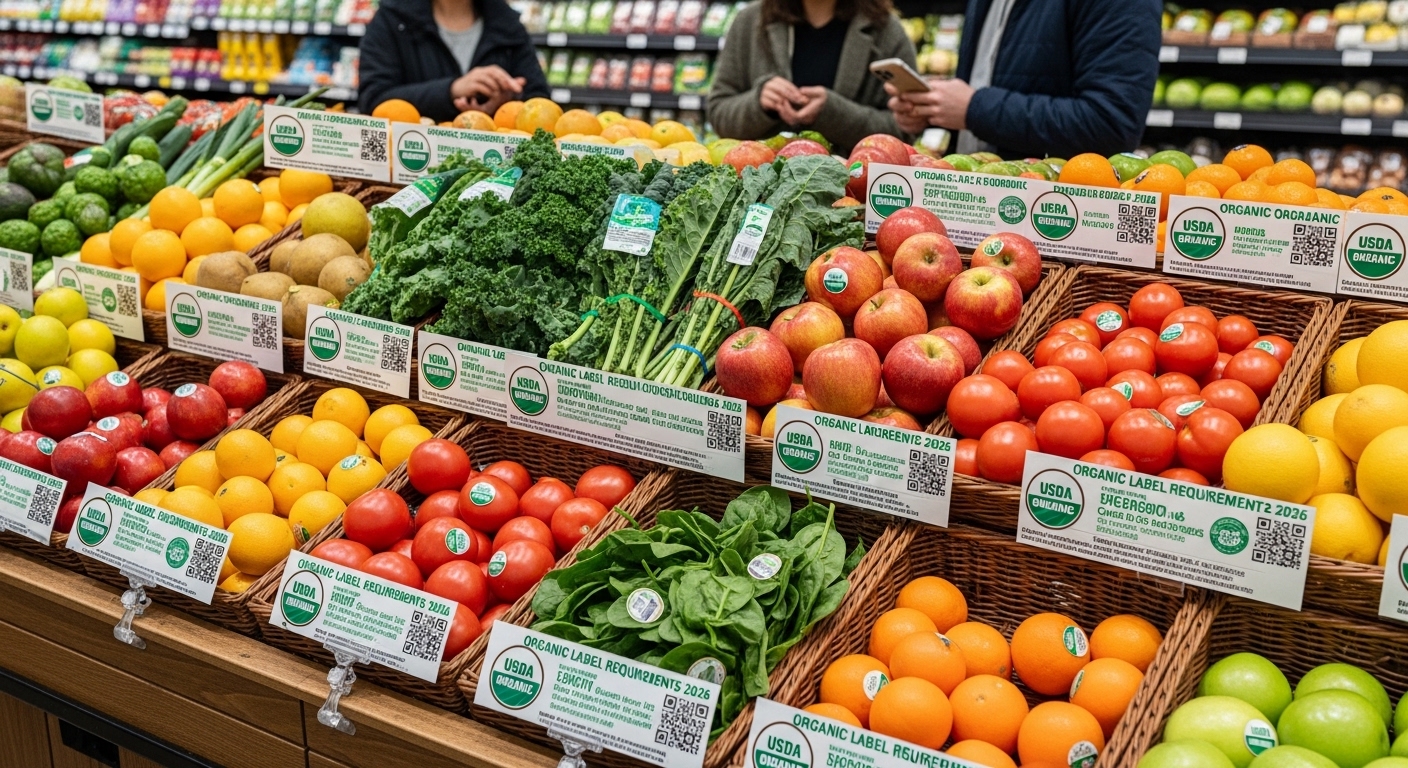 Fresh organic produce at US grocery store with USDA Organic certification tag — organic label requirements 2026
