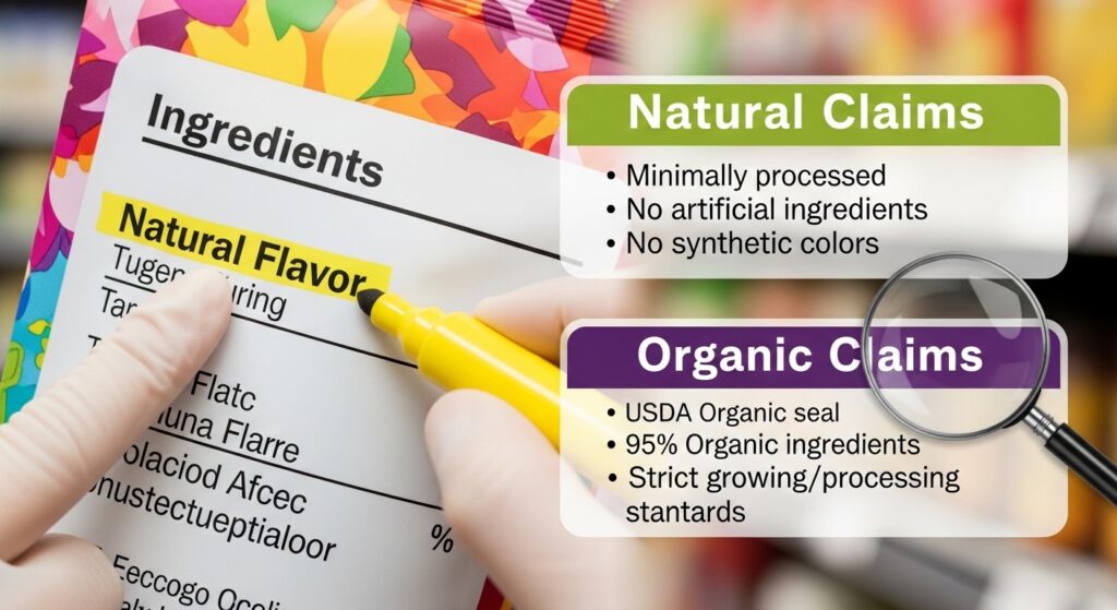 Ingredient list on food package showing 'natural flavor' highlighted — how to read a food label for natural vs organic claims