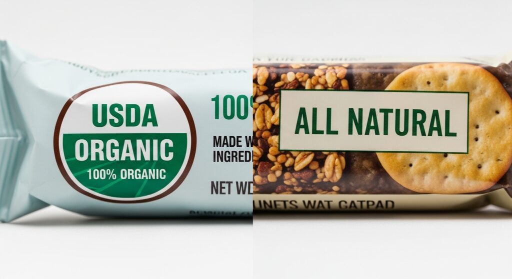USDA Organic seal next to 'All Natural' food label on packaged snack — comparison of natural vs organic food label USA