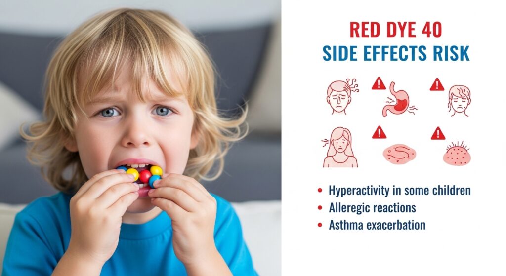 child eating brightly colored candy containing red dye 40 side effects risk infographic