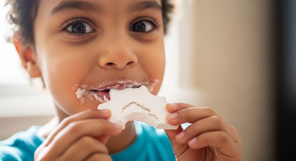 child eating white candy with titanium dioxide coating close up