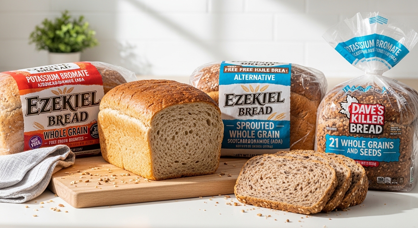 clean alternative bread brands without potassium bromate or ADA side by side Ezekiel Daves Killer