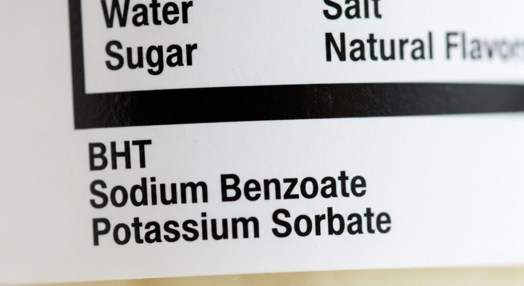food ingredient label closeup showing BHT sodium benzoate and potassium sorbate listed at the bottom