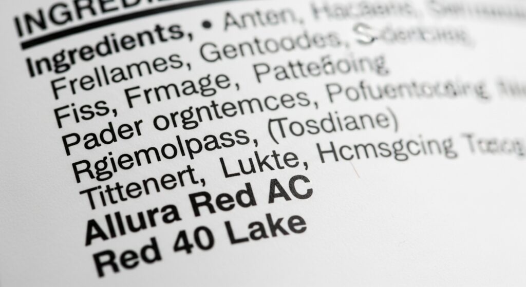 ingredient label close-up showing allura red ac and red 40 lake at the bottom of the list