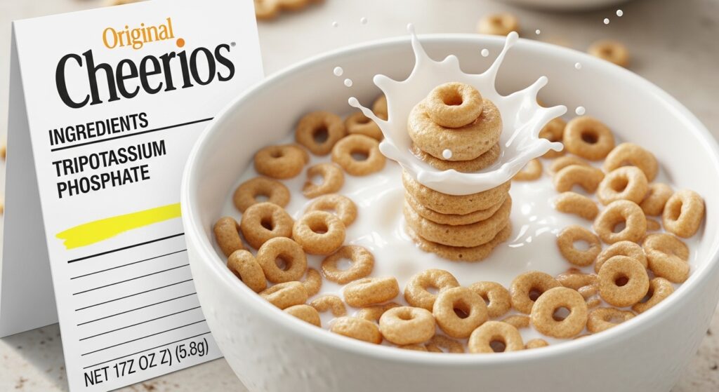 Bowl of Original Cheerios with ingredient label showing Tripotassium Phosphate highlighted "Are Cheerios Healthy?"