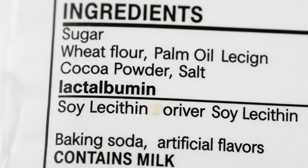 Close-up of a food label ingredient list with milk allergen hidden under the name lactalbumin