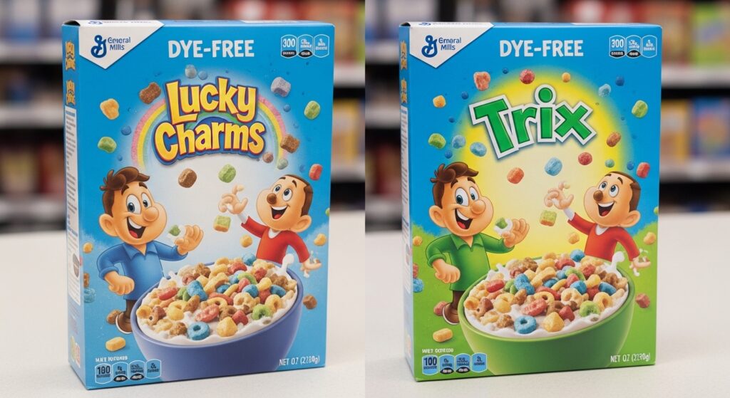 Comparison of dye-free vs dye-containing General Mills cereal boxes side by side "General Mills Removes Artificial Colors"