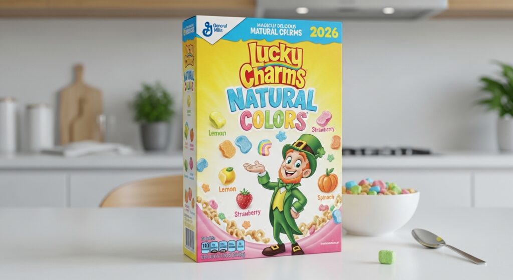 General Mills Lucky Charms cereal box reformulated with natural colors 2026 "General Mills Removes Artificial Colors"