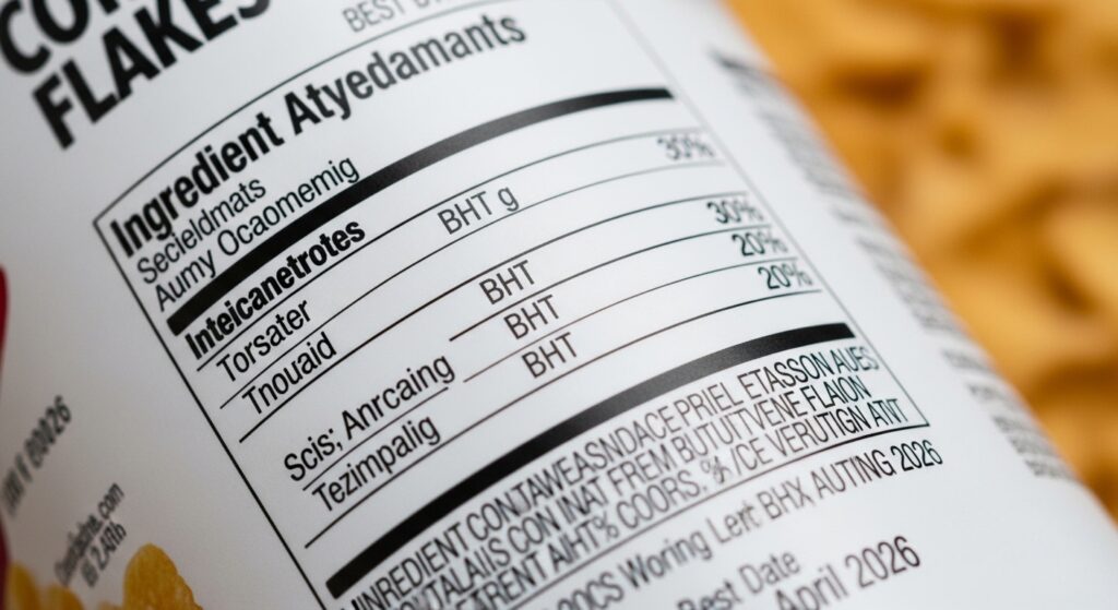 Kellogg's Corn Flakes ingredient label closeup showing no BHT listed — April 2026