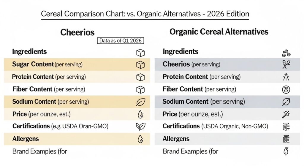 Side-by-side comparison chart of Cheerios vs organic cereal alternatives 2026 "Are Cheerios Healthy?"