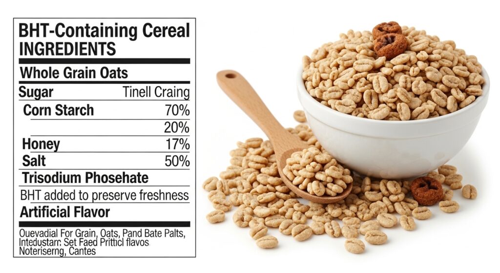Side-by-side comparison of BHT-free vs BHT-containing breakfast cereal ingredient labels