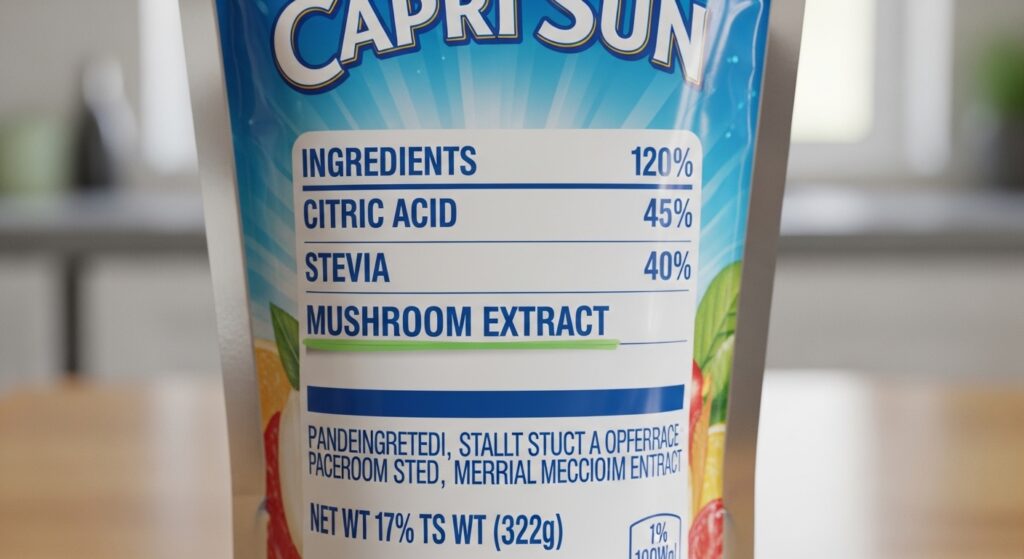 capri sun ingredients label showing citric acid stevia and mushroom extract 2026