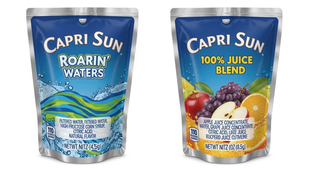 comparison of capri sun roarins waters vs 100 percent juice blend ingredient list